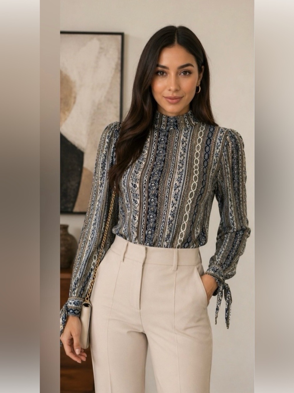 Free People Boho Mock Neck Paisley Tie Sleeve Top Small SP